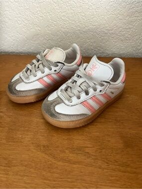 adidas Kids Samba Sneakers in White and Pink with Gum Sole